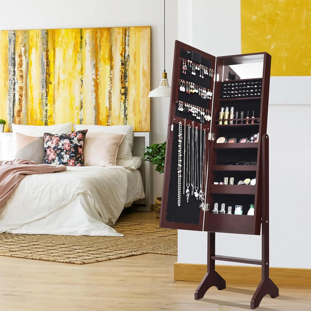 Portagioie Armadietto Specchiera con 18 Luci LED, Specchio a Figura Intera, Organizer per Gioielli Moderno Elegante, 145x35x31,5cm (Marrone)