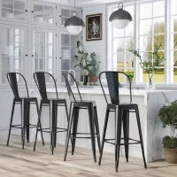 Set 4 Sgabelli Ergonomici con Schienale Rimovibile e Poggiapiedi, Sgabelli da Cucina in Metallo, 44x46x116 cm, Nero