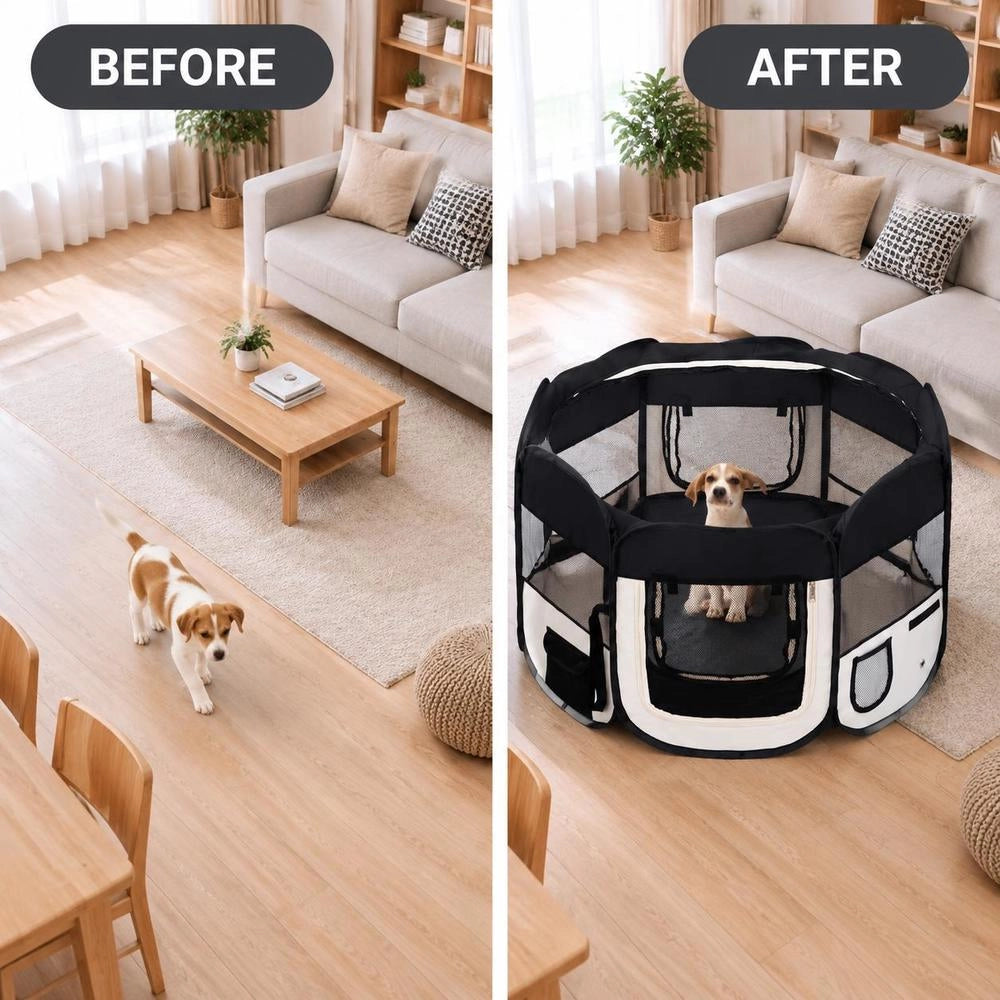 Foldable Puppy Playpen With Carrying Bag, Black, 145x145x61 Cm