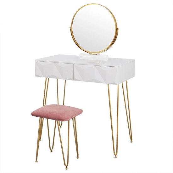 Dresso con Specchio - Tavolo da Trucco - Con Specchio - Comodino - Tavolo da Trucco di Lusso - Camera da Letto - Stile Moderno - Rosa/Dorato - 2 Gavette