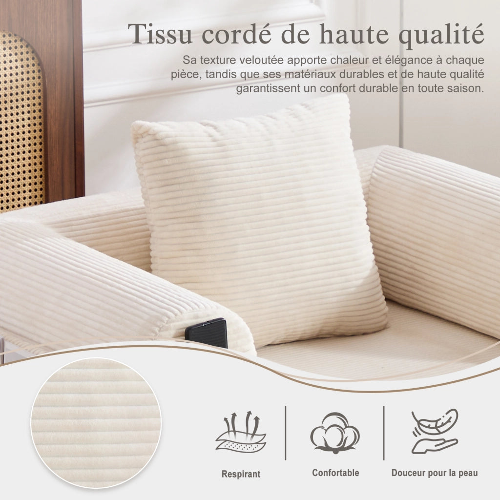 Fauteuil con pouf modulare in velluto a coste con tasca laterale e cuscino beige per soggiorno 112 × 190 × 67 cm