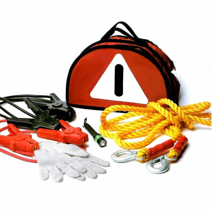 KIt Emergenza Auto con Cavi Batteria Corda Rimorchio Segnale Aiuto Guanti Torcia