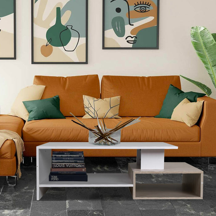 Tavolino Divano Salotto Rettangolare Design Moderno Legno 4 Ripiani Bianco Oak