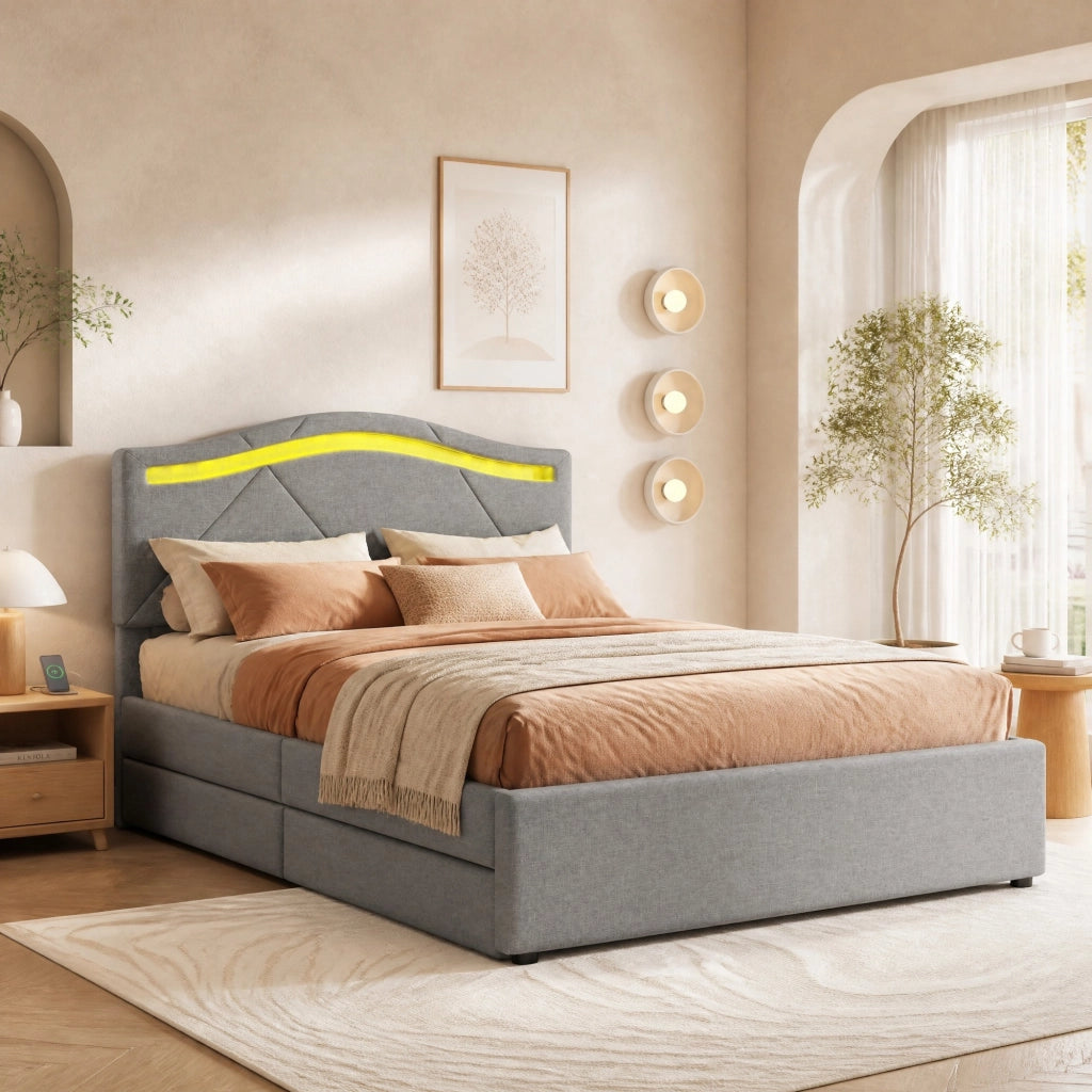 LETTO con LED e 2 cassetti 90x200 cm Lino e MDF Grigio