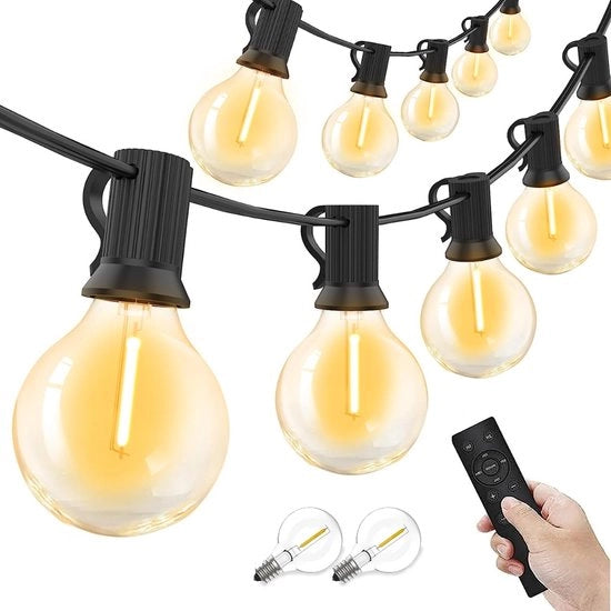 Cavo di illuminazione LED per esterno - 30 m, con 50 lampadine, a controllo remoto, per uso all'aperto, con 2 lampadine di riserva, impermeabile, catenaria G40, con illuminazione alogena calda, per festa, matrimonio, giardino e terrazza