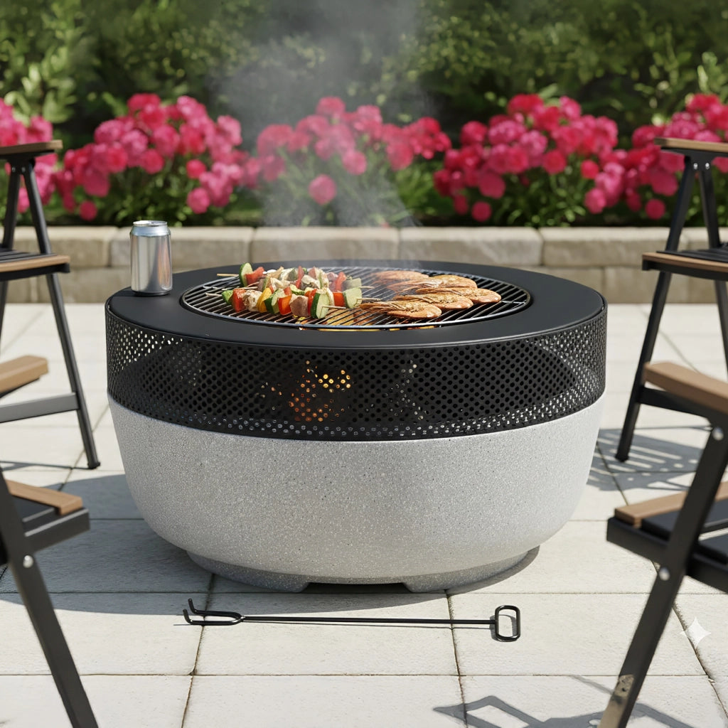 Braciere BBQ 2 in 1 da Esterno con Griglia – Focolare Rotondo in Acciaio e Pietra Naturale, 56 cm – Braciere a Legna con Coperchio Parascintille per Giardino e Terrazzo