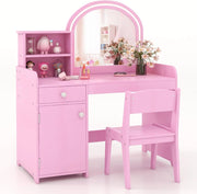 Toeletta Trucco 2 in 1 per Bambina, Specchiera per Ragazza in Legno con Mensole, Cassetto, Ripiani e Luci LED Regolabile, Postazione Trucco per 3 Anni, 80 x 40 x 94 cm (Rosa)