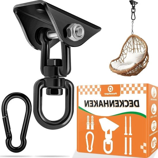 Hanger 360° rotativo per soffitto con gancho - Portata 450 kg - Acciaio inossidabile - Per sedute oscillanti, altalene, sacchi a pallacorda, yoga aerei (nero)