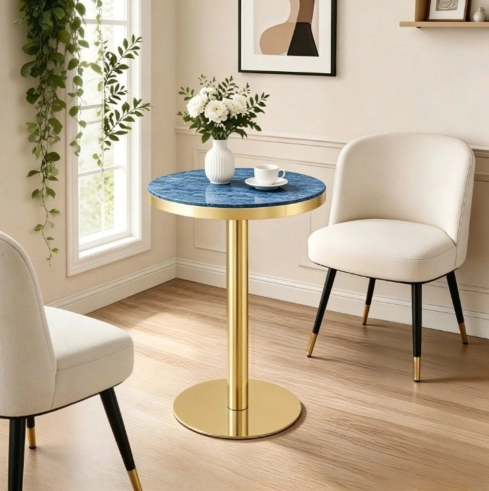 Tavolino rotondo effetto marmo ? 60 cm in MDF e metallo; blu