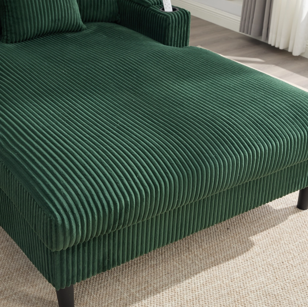 Divano Angolare in Velluto a Coste con Chaise Longue ¨C MINIMAL ¨C con LED, USB, Contenitore, Portabicchieri