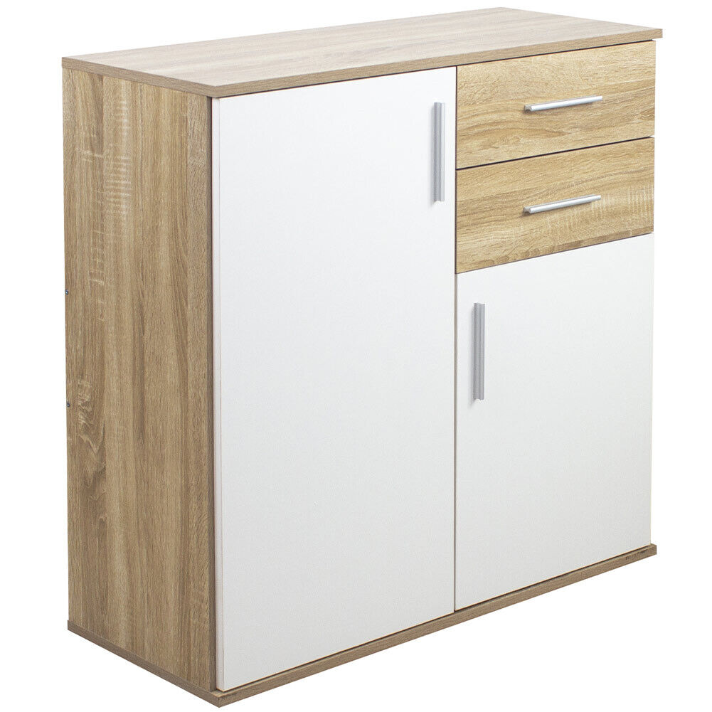 Cassettiera Mobile Armadietto 2 Porte 2 Cassetti Design Moderno Quercia e Bianco