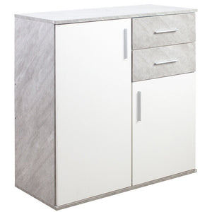 Cassettiera Mobile Armadietto 2 Porte 2 Cassetti Design Moderno Cemento e Bianco