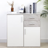 Cassettiera Mobile Armadietto 2 Porte 2 Cassetti Design Moderno Cemento e Bianco