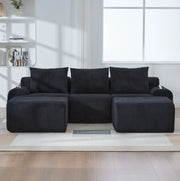 Divano modulare 3 posti in corduroy nero 268x174x66 cm con portabicchieri e tasca laterale