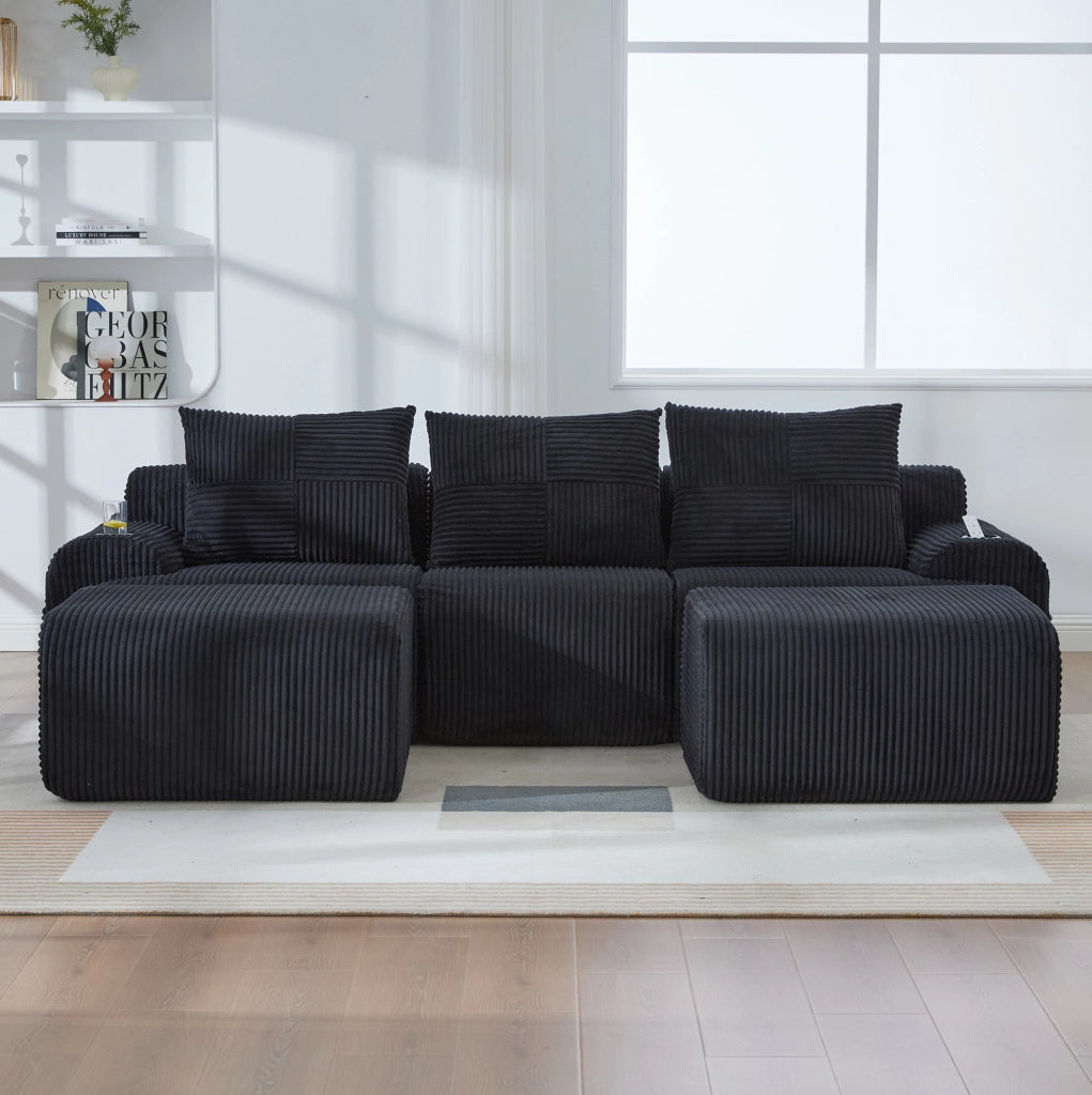 Divano modulare 3 posti in corduroy nero 268x174x66 cm con portabicchieri e tasca laterale