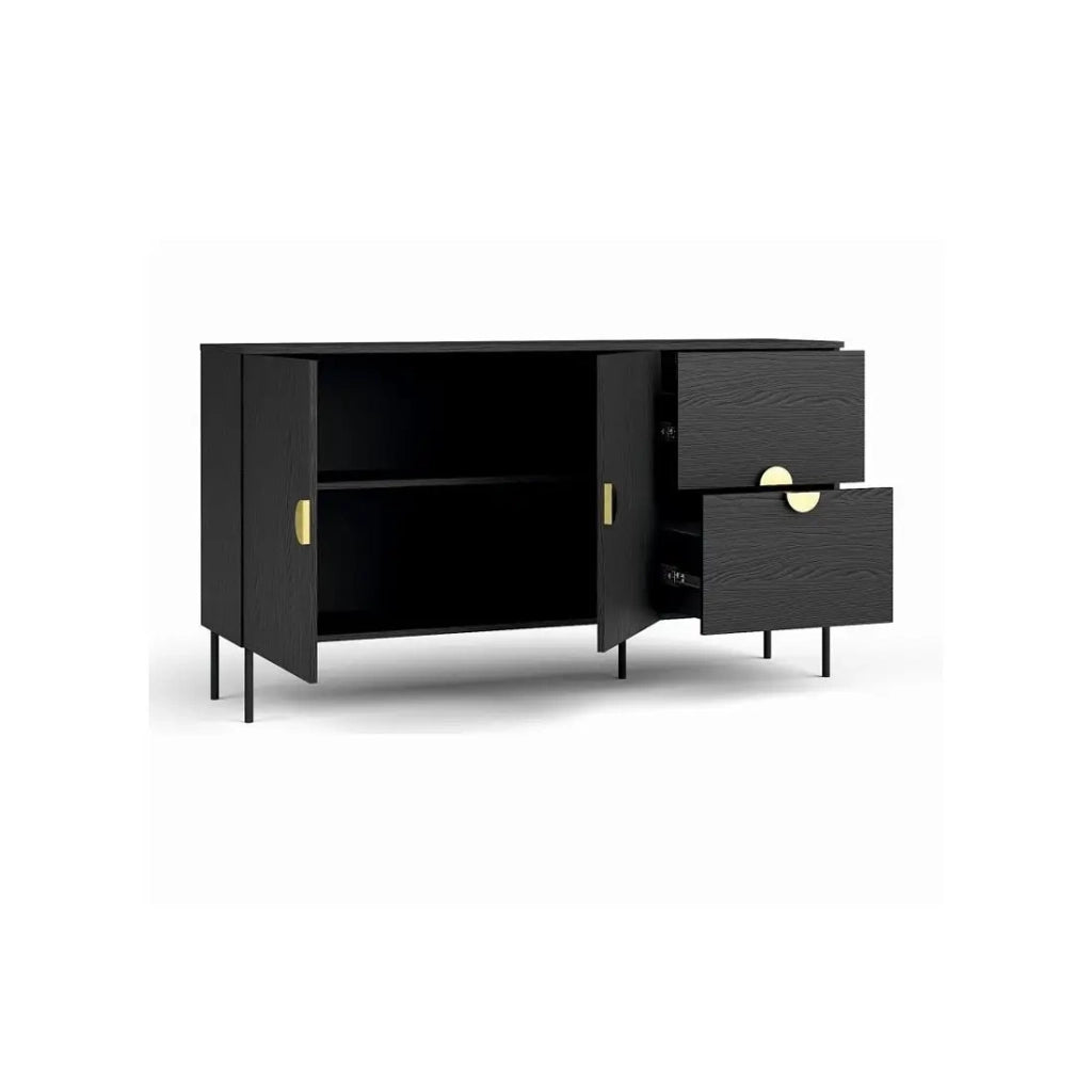Set mobili soggiorno: Mobile TV, tavolino, credenza, vetrina, nero con maniglie dorate, collezione MONDO