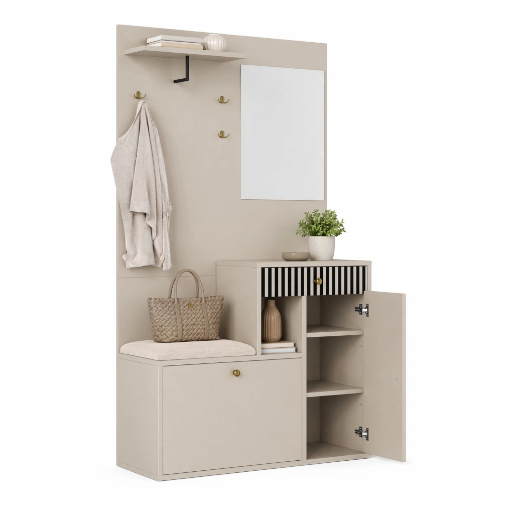 Mobile ingresso con specchio; seduta imbottita; ripiani regolabili e ganci; 110 x 37 x 185;5 cm; beige e crema