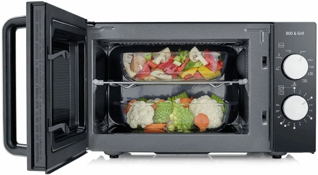 Severin forno a microonde 2 in 1 con fondo in ceramica e grill, capacità 20 l, forno a microonde per scongelare e riscaldare, con grande superficie utile per stoviglie quadrate, nero/acciaio inox, mw 7762