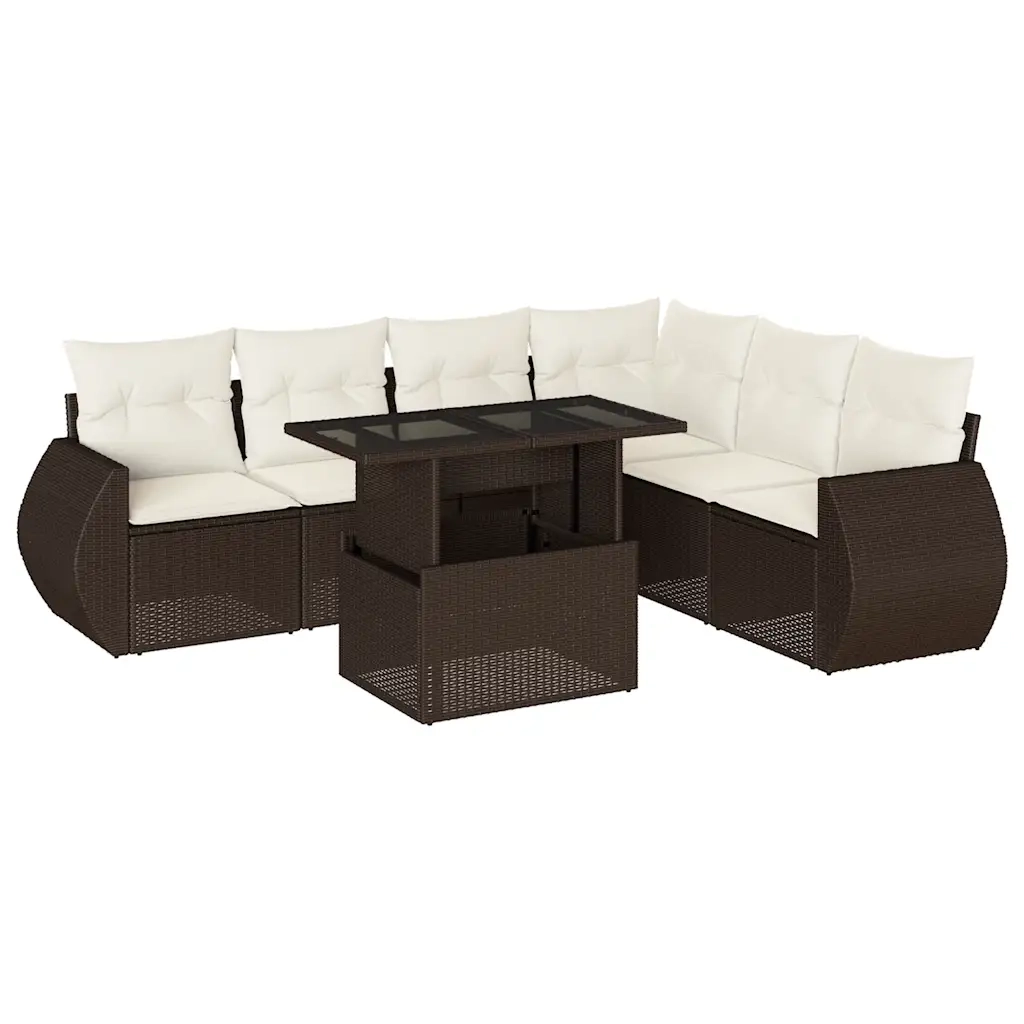 Set Divani da Giardino 7 pz con Cuscini Marrone in Polyrattan