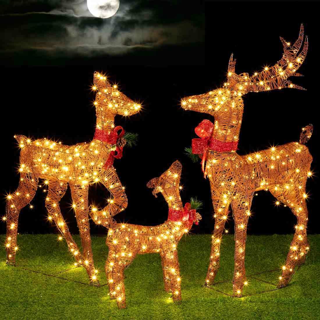 Famiglia 3 Renne Luminose di Natale 600 LED Bianco Caldo Intreccio Corda Esterno