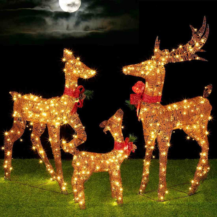 Famiglia 3 Renne Luminose di Natale 600 LED Bianco Caldo Intreccio Corda Esterno