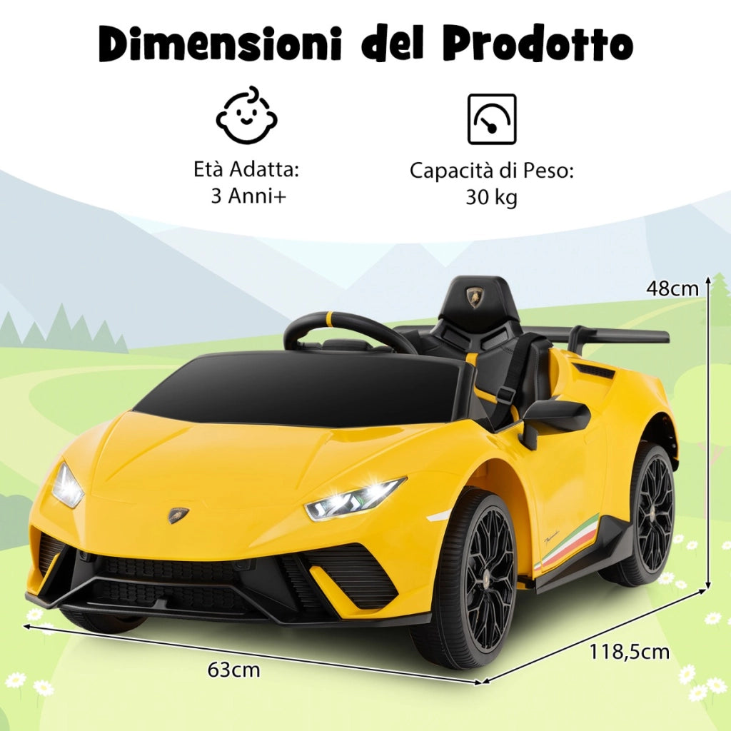 Auto elettrica 12V con telecomando luci LED musica clacson e sospensioni a molla, Auto sportiva a batteria Giallo-Macchinine giocattoli