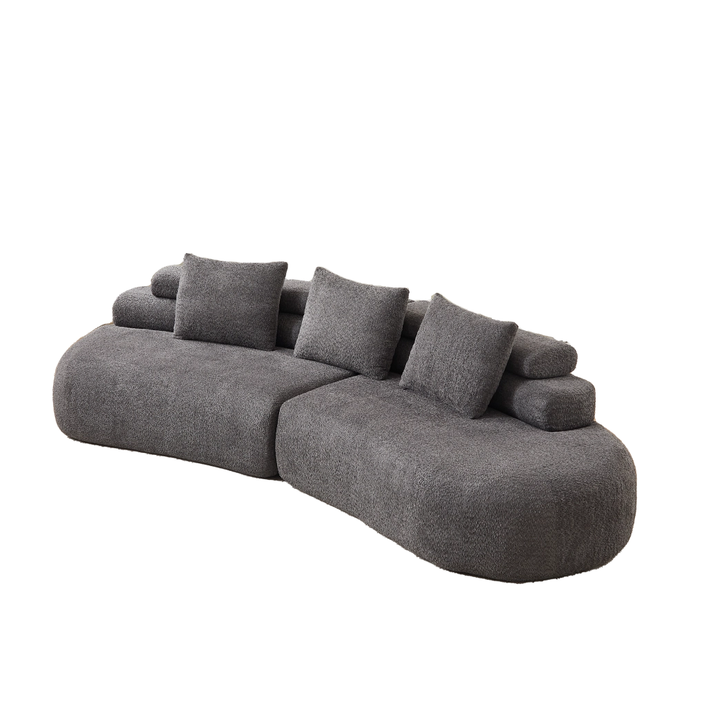 Divano modulare curvo a 3 posti in ciniglia grigio antracite; design arrotondato senza braccioli
