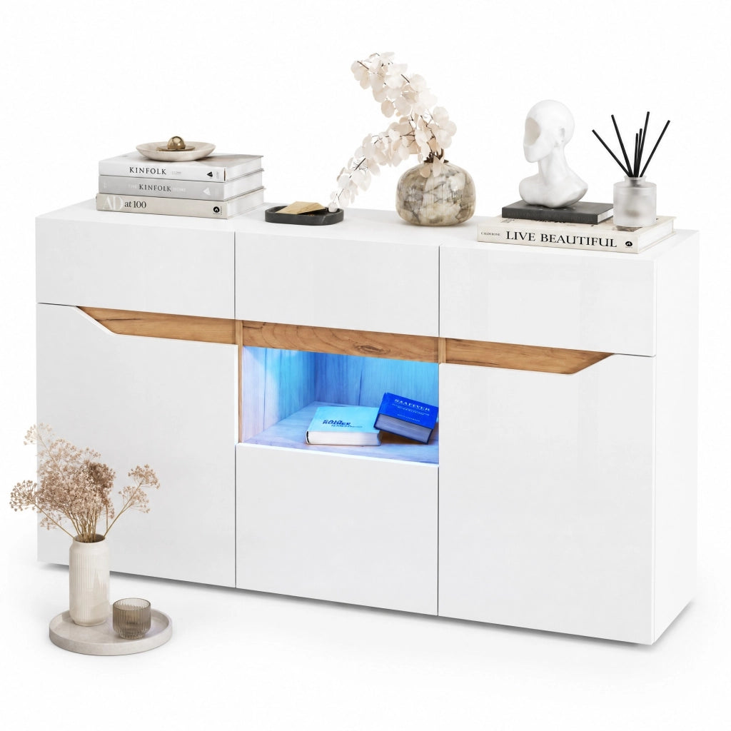 Credenza LED bianca e legno, 4 cassetti e 2 vani