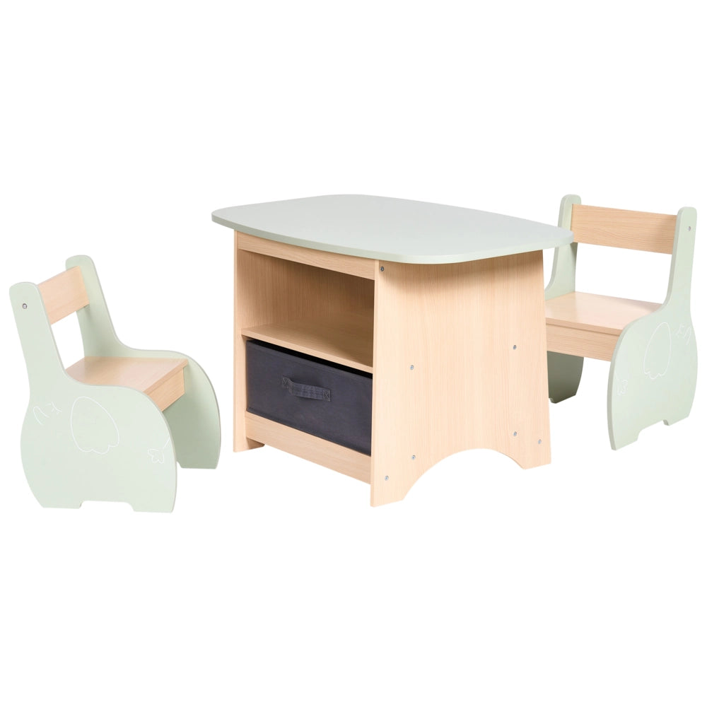 Elegante set per bambini da 2 posti con tavolo e sedie in MDF con contenitore, per la stanza dei bambini nei colori marrone chiaro e verde