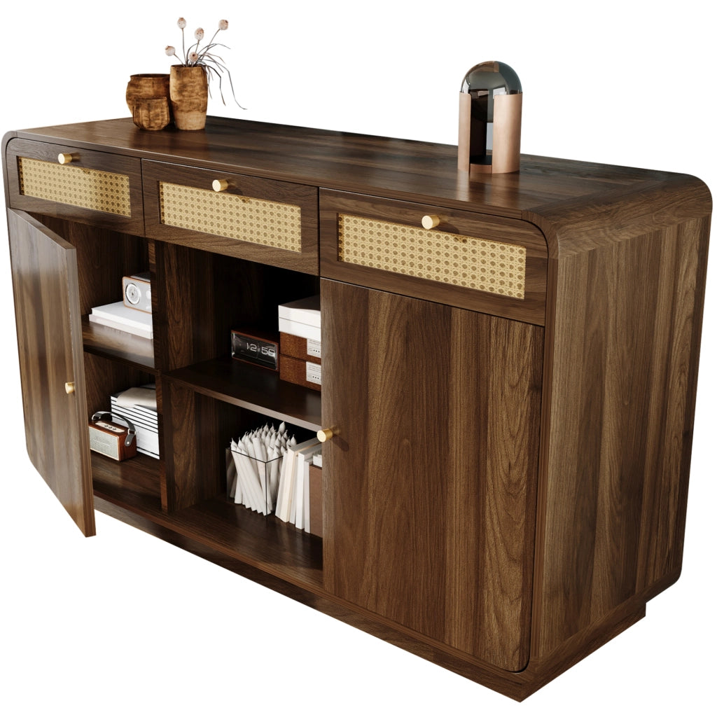 Credenza 120 cm in MDF e truciolare effetto noce con 3 cassetti e ante