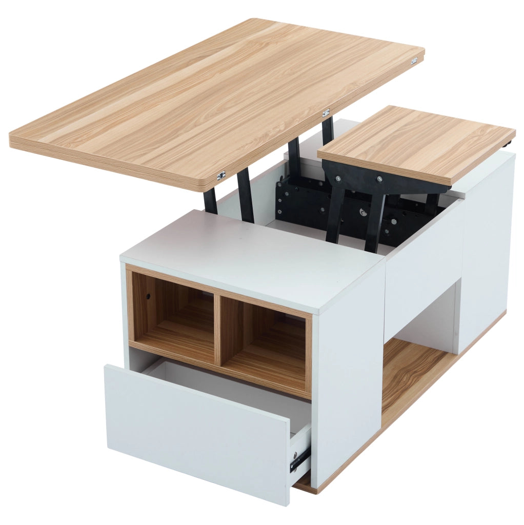Tavolino da caffè elevabile 100 cm bianco e legno con 2 cassetti