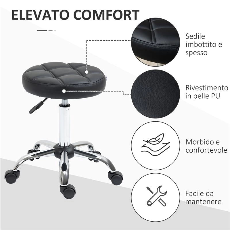 SGABELLO GIREVOLE ROTONDO CON RUOTE, ALTEZZA REGOLABILE E RIVESTIMENTO IN FINTA PELLE, NERO