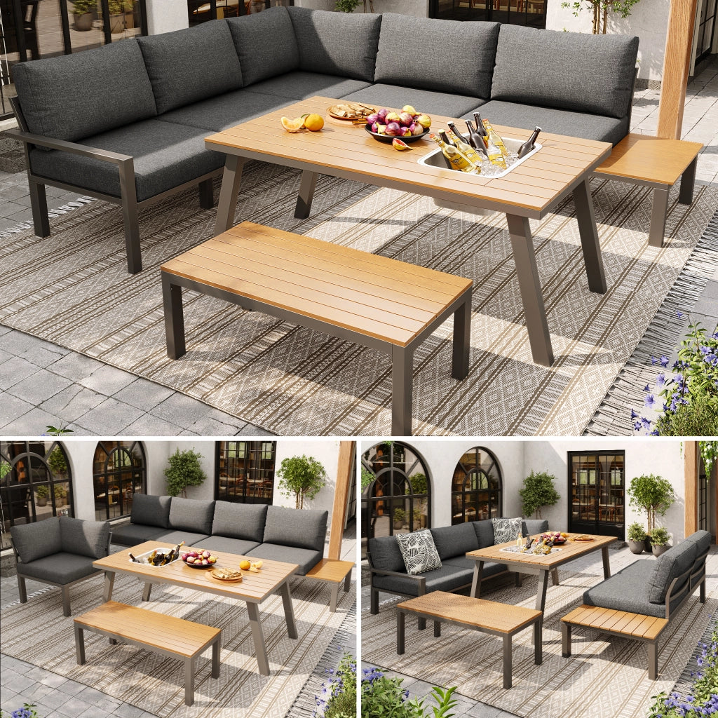 Set salotto giardino 6-7 persone: sedute + set pranzo; ferro zincato; tavolo secchiello ghiaccio; resistente