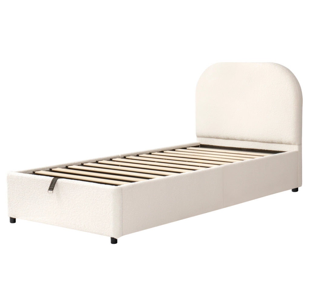 Letto imbottito per bambini con contenitore idraulico; rete a doghe; bouclé beige