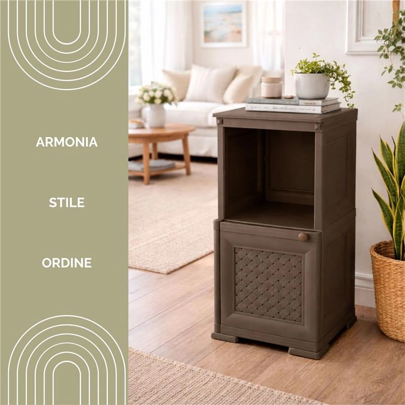 MOBILE COMODINO 2 MODULI WENGÉ 40X43X85,5 CM CON ANTA TRAFORATA E RIPIANO A VISTA – CONTENITORE COMPATTO PER CAMERA DA LETTO