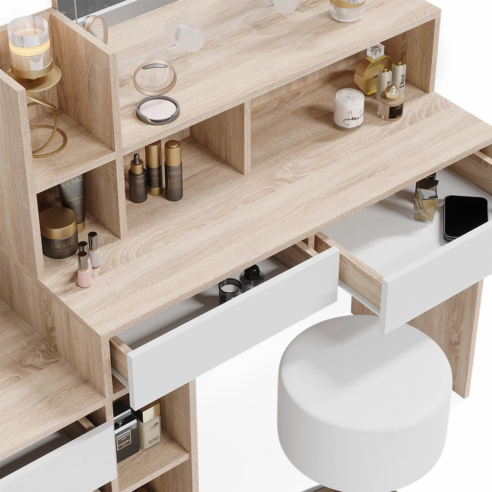 Vicco Tavolo da toilette Bianco/Sonoma 139.8 cm con illuminazione a LED e sgabello