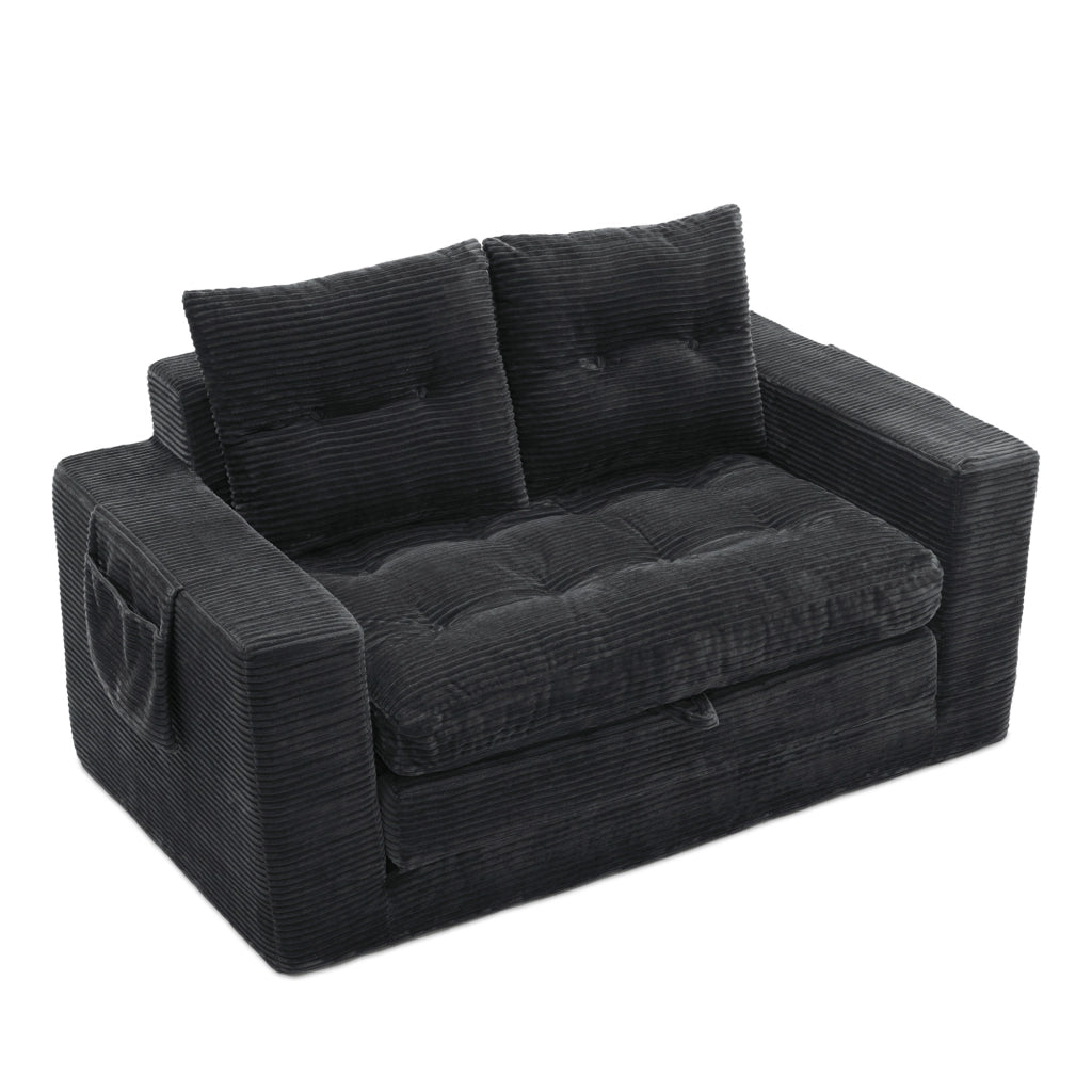 Divano letto 2 posti - con funzione letto e tasche laterali - in corduroy nero