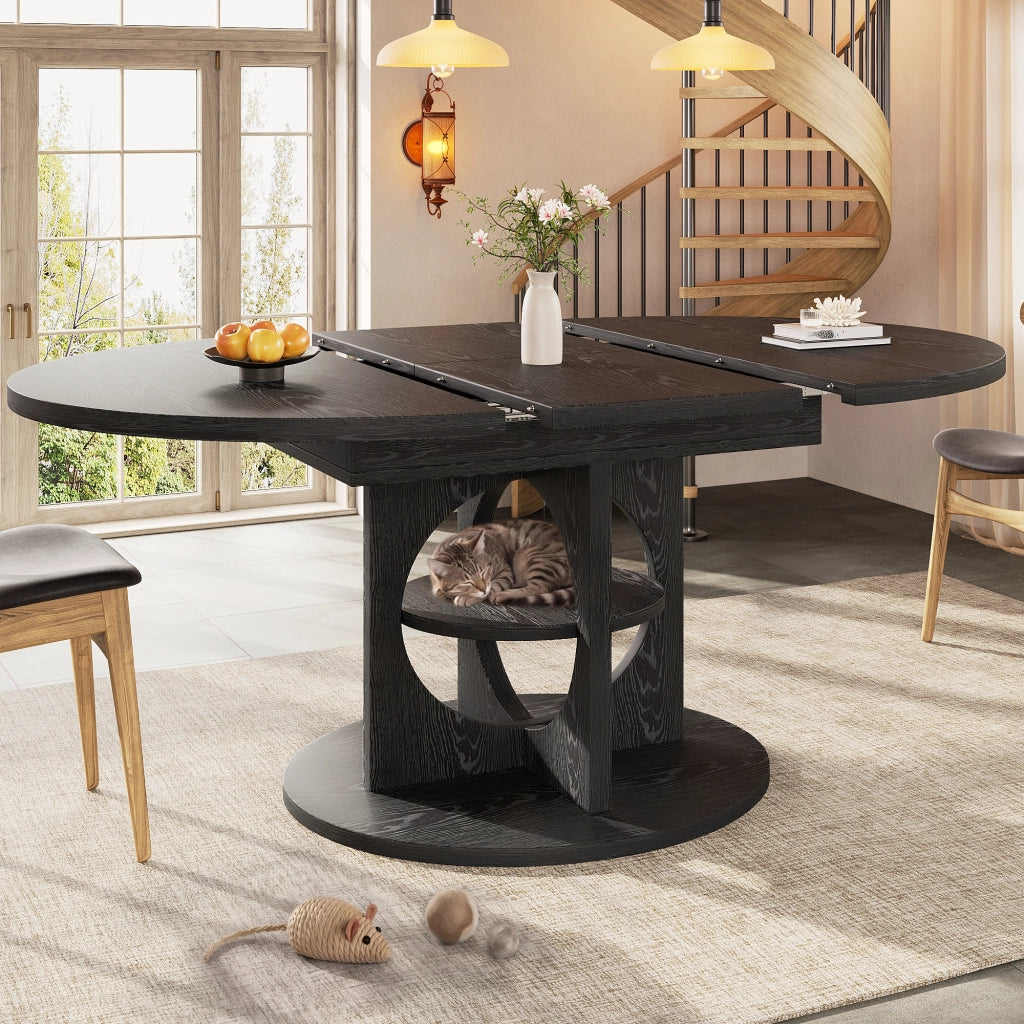 Tavolo allungabile con ripiano centrale, forma rotonda e ovale, moderno, per sala da pranzo e cucina, in MDF nero