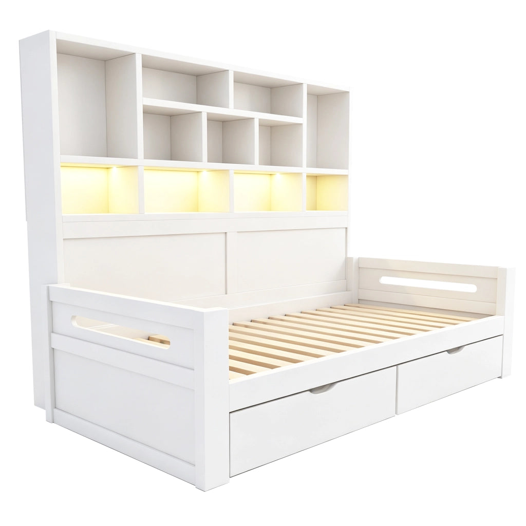 Divano letto multifunzione 90x200 cm in MDF; bianco con LED; prese e 2 cassetti