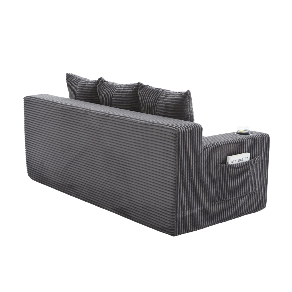Divano modulare 2 posti trasformabile in cuscini separati con portabevande tasche laterali in velluto a coste grigio