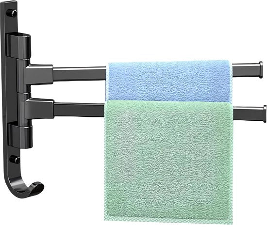 Houder per asciugamano da parete, asciugamano da parete in lega di alluminio con due bracci per la camera da bagno, risparmia spazio per la camera da bagno, per uso domestico, cucina (nero)
