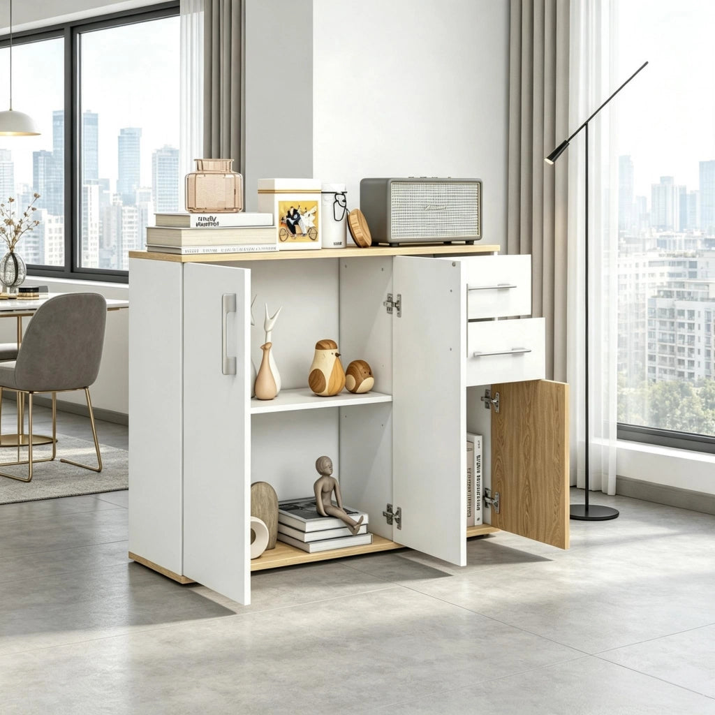 CREDENZA moderna 90 x 30 x 75,5 cm bianco/naturale in MDF e truciolare