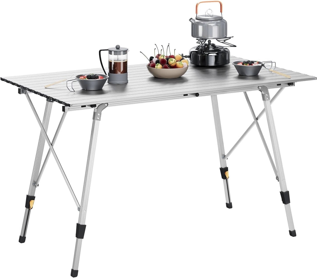 Tavolo da Campeggio Pieghevole Portatile in Alluminio per Picnic Giardino Altezza Regolabile 120x68,5x59/78,5 cm Argento