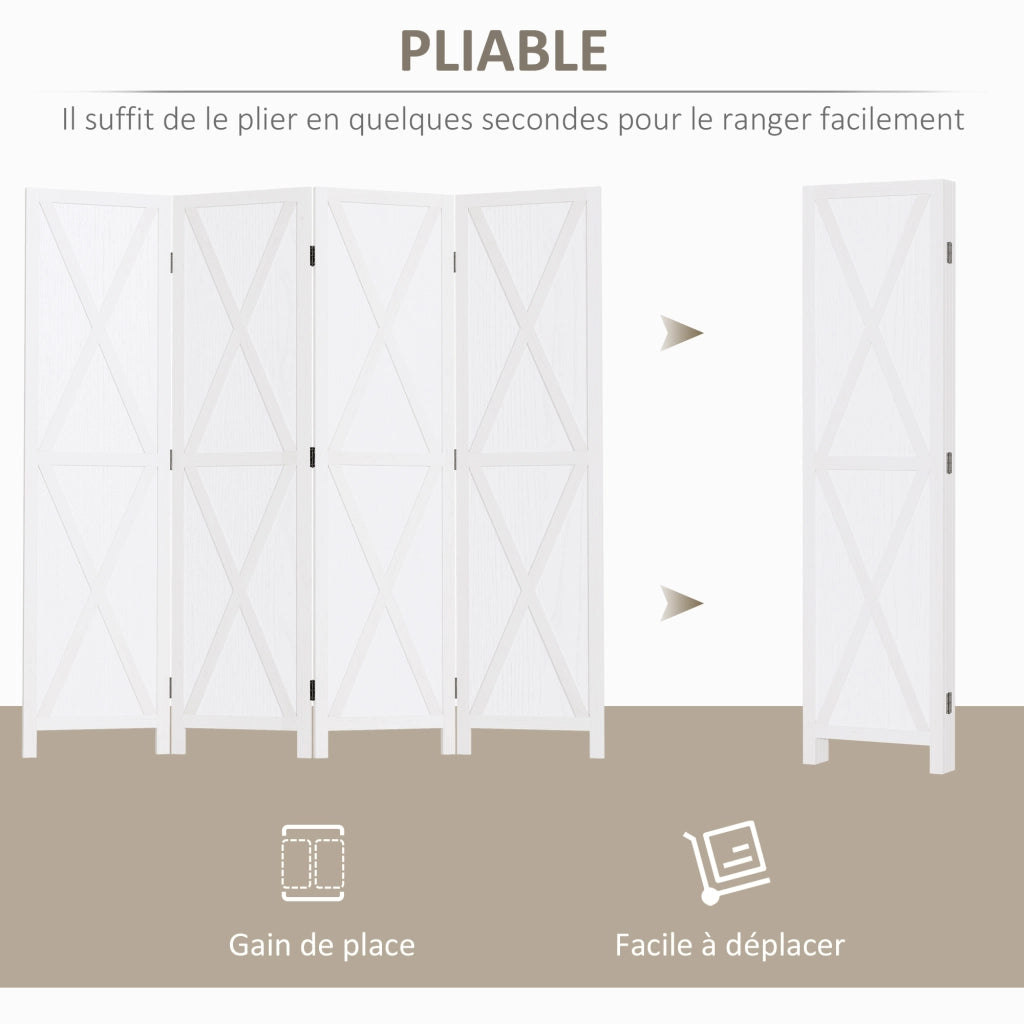 Paravento 4 Ante Stile Campagna ¨C zephmum ¨C Bianco Legno di Paulownia
