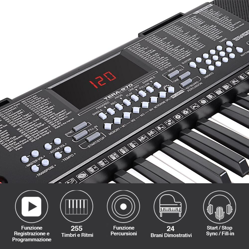 Tastiera Musicale Pianola Elettronica 61 Tasti Pianoforte AUX MIcrofono