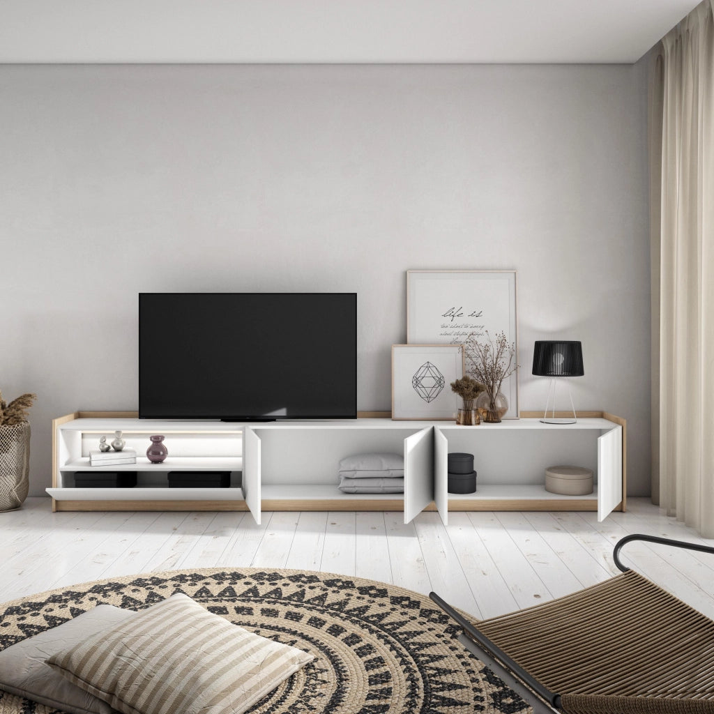 Mobile TV Soggiorno, 310x50x37 cm, Per TV fino a 80", LED, Bianco e Rovere soft