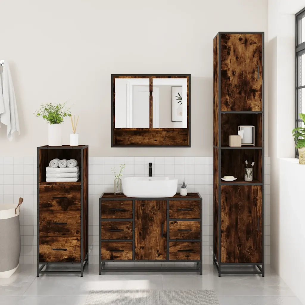 Set Mobili da Bagno 3 pz Rovere Fumo in Legno Multistrato 3301052