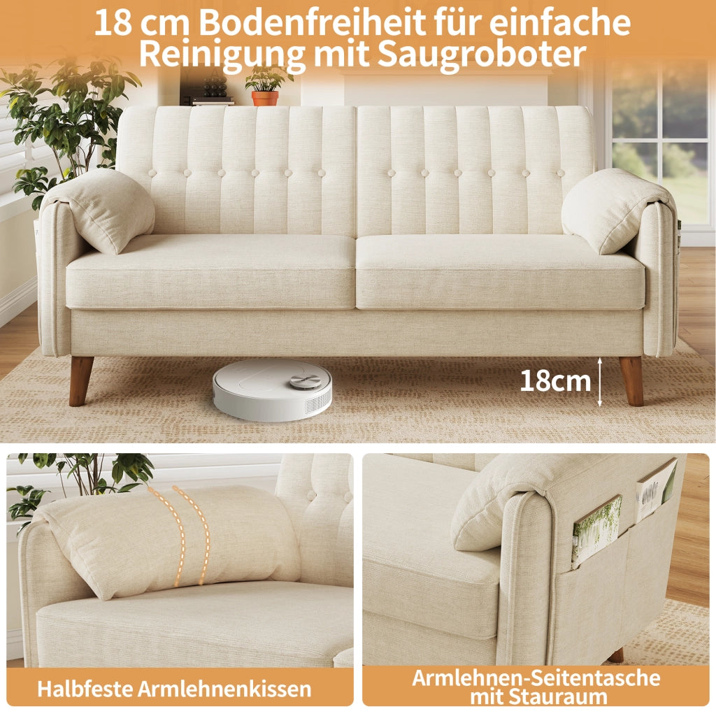 Divano a 2 posti in ciniglia con seduta spessa schienale ergonomico tasche laterali e gambe in legno beige