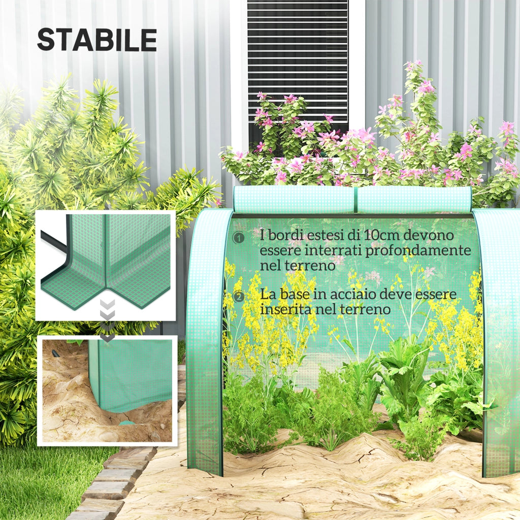 Serra a Tunnel 395x100x80 cm con 4 Porte in Acciaio e Plastica Impermeabile Anti UV Verde