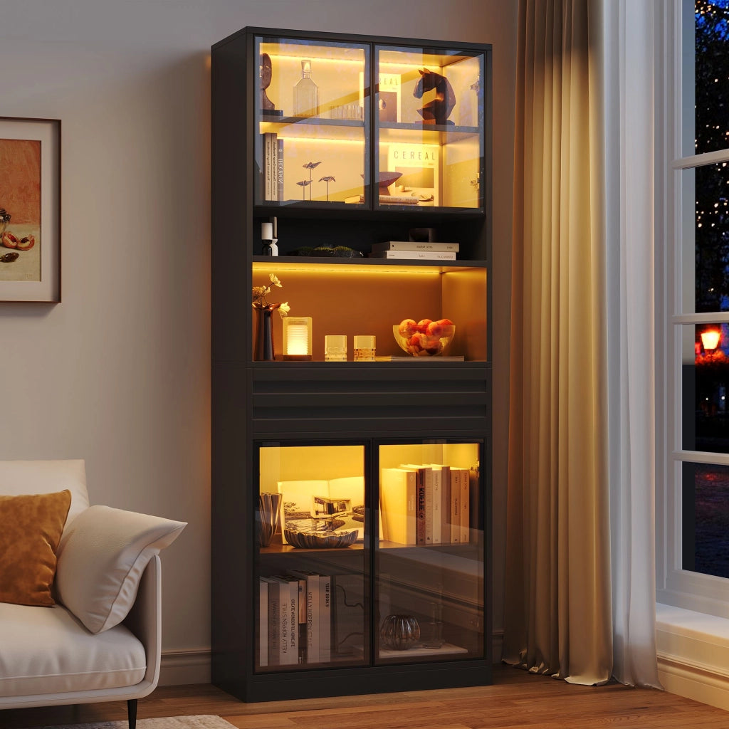 Vetrina, libreria, 80 x 35 x 200 cm, 4 ante in vetro, con cassetti, illuminazione a LED, nera